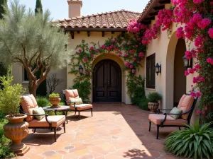 Mediterranean Ranch Courtyard - Tuscan-inspired front patio with terracotta tiles, wrought iron furniture, olive trees in classical urns, and climbing bougainvillea on stucco walls