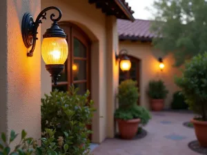 Mediterranean Sconce Lighting - Wrought iron wall sconces with amber glass on a textured stucco front patio wall, terracotta potted citrus trees, warm evening atmosphere