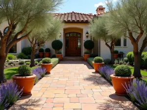 Mediterranean Stamped Concrete Patio - A warm-toned stamped concrete front patio with terracotta planters, olive trees, and lavender borders, creating a Mediterranean atmosphere, photorealistic style