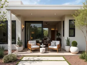 Mid-Century Modern Seating - Stylish front patio with mid-century modern chair designs, sleek side tables, and geometric planters with desert plants, clean architectural style