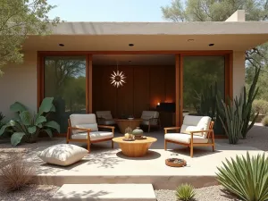 Mid-Century Sputnik Lighting - Mid-century modern front patio with starburst light fixture, angular furniture, geometric concrete blocks, desert landscaping