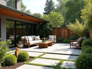 Mid-Century Ranch Revival - 1950s inspired front patio with geometric concrete blocks, period-appropriate furniture, and structured plantings in modernist planters