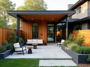 Mixed Material Modern - Contemporary front patio combining wood, concrete, and steel elements with built-in planters and modern outdoor furniture