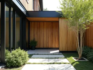 Modern Privacy Screen with Bamboo - Modern front patio with sleek black metal frame and natural bamboo screen panels, creating dappled shade and privacy. Minimalist concrete pavers and potted black bamboo plants