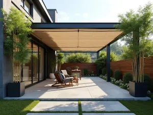 Modern Courtyard Front Patio - A contemporary front patio with clean lines, featuring a sleek pergola with retractable canvas shade, minimalist concrete pavers, and strategic placement of tall bamboo plants in modern planters, photorealistic