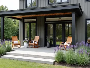 Modern Farmhouse Welcome - A contemporary farmhouse front patio with black-framed windows, mixed materials including wood and metal, modern rocking chairs, and lavender borders