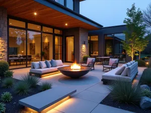 Modern Fire Bowl Lighting - Contemporary front patio with modern gas fire bowl providing ambient light, built-in LED bench lighting, architectural succulents