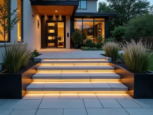 Minimalist Floating Concrete Steps - Modern front patio with floating concrete steps, illuminated by LED strips, flanked by architectural grasses and black planters, clean lines and geometric design