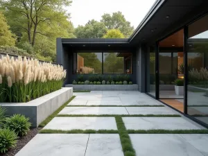 Modern Geometric Concrete Patio - A sleek front yard concrete patio with geometric patterns, featuring built-in concrete benches and minimalist planters with tall ornamental grasses, architectural photorealistic style