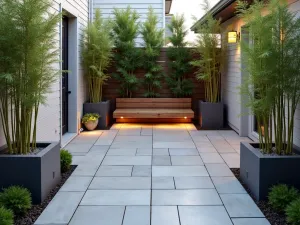 Modern Minimalist Entry Patio - Clean-lined small front patio with geometric concrete pavers, built-in wooden bench, and contemporary planters with tall bamboo, architectural lighting, modern design style