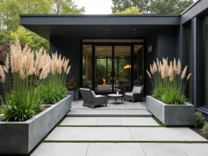 Modern Minimalist Front Patio with Geometric Planters - A sleek modern front patio featuring large geometric concrete planters with tall ornamental grasses, clean lines, and minimalist outdoor furniture in charcoal gray, photographed in natural daylight