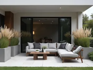 Modern Minimalist Front Patio Seating - A sleek modern front patio featuring clean-lined gray outdoor sofa and geometric accent chairs, with minimalist concrete planters containing tall ornamental grasses, photorealistic, architectural photography style