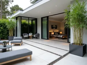 Modern Front Patio with Minimalist Seating - A sleek modern front patio with clean lines, featuring white concrete pavers, low-profile gray outdoor furniture, and architectural steel planters containing tall bamboo, creating a contemporary welcoming space