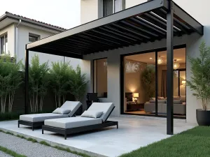 Modern Pergola Front Patio - A sleek modern front patio with a black metal pergola, featuring comfortable grey lounge furniture, potted bamboo, and minimalist concrete pavers, photorealistic