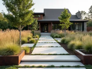 Modern Prairie Front Patio - A contemporary take on prairie style with geometric concrete pavers, ornamental grasses, and cor-ten steel planters creating strong horizontal lines