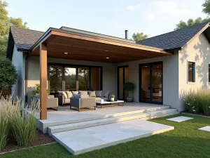 Modern Ranch with Pergola-Covered Entry - A modern ranch-style home with a wide front patio featuring a contemporary wooden pergola, comfortable seating area with gray outdoor furniture, and tall ornamental grasses creating privacy, photorealistic