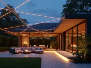 Modern String Light Canopy - Modern front patio at dusk with crisscrossing string lights creating a starry ceiling effect, contemporary outdoor furniture beneath, warm ambient lighting, photorealistic