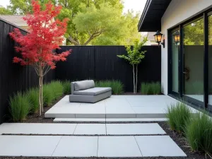 Modern Zen Front Garden Patio - A minimalist front yard patio with clean lines, featuring light grey concrete pavers, Japanese maple trees, ornamental grasses, and black bamboo screens, creating a contemporary zen atmosphere