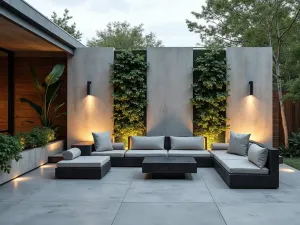 Modernist Concrete Panel Screen - Textured concrete privacy panels with vertical gardens in between. Minimalist furniture and architectural lighting on limestone patio