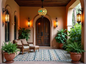 Moroccan Lantern Garden - Exotic front patio with colorful Moroccan hanging lanterns, patterned tiles, copper accents, Mediterranean herbs