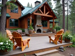 Mountain Cabin Front Patio - A cozy mountain cabin front patio with reclaimed wood decking, Adirondack chairs, native wildflowers in wooden barrel planters, and a natural stone fireplace, surrounded by towering pine trees