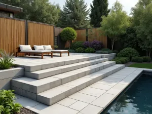 Multi-Level Concrete Entertainment Patio - A sophisticated multi-level concrete patio with integrated steps, featuring modern outdoor furniture and bamboo privacy screens, photorealistic style