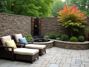 Natural Stone Privacy Wall - Stacked stone privacy wall with integrated water feature. Comfortable lounge seating and potted Japanese maples on flagstone patio