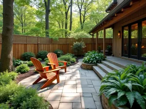 Natural Woodland Ranch - Front patio integrated with natural woodland setting, featuring stone floors, Adirondack chairs, native ferns, and natural wood privacy screens