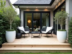 Nordic Minimalist Entry - A clean Scandinavian-style front patio with light wood decking, black metal furniture, white planters with birch trees, and geometric lighting