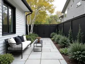 Nordic Minimalist Front Patio - Scandinavian-inspired small front patio with light granite pavers, black metal furniture, white birch trees in minimal planters, clean lines