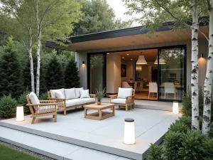 Nordic Minimalist Lighting - Scandinavian style front patio with simple white LED bollards, light wood furniture, white concrete, birch trees