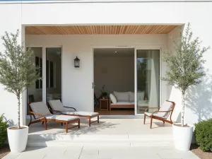 Nordic Minimalist Patio - A minimalist Scandinavian-style front patio with light wood slat shade structure, clean-lined furniture, and simple potted birch trees in white planters