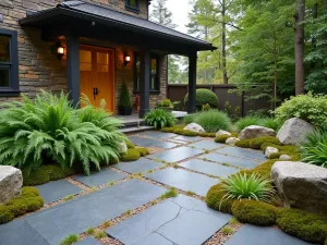 Northwest Modern Front Patio - A Pacific Northwest-inspired front patio with slate pavers, featuring native ferns, Japanese forest grass, and moss gardens with natural stone accents