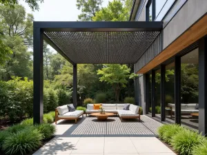 Perforated Metal Canopy - Contemporary patio with perforated metal shade canopy creating dappled light patterns, modern furniture, and minimalist planted borders