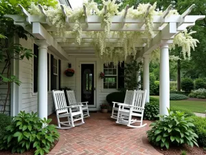 Pergola with Climbing Vines - White wooden pergola over front patio with wisteria and jasmine vines creating natural shade. Traditional brick paving and white rocking chairs beneath