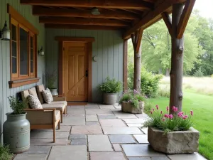 Prairie Homestead Patio - A rustic prairie-style front patio with limestone flooring, rough wooden posts, vintage milk can planters, and native prairie flowers