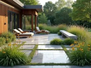 Prairie Style Concrete Patio - A nature-inspired concrete patio with prairie grasses, black-eyed susans, and integrated concrete seating walls, photorealistic style