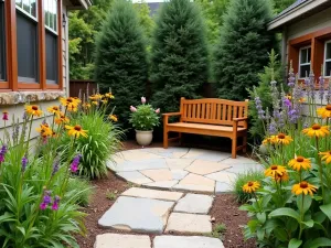 Prairie Style Entry Patio - Natural small front patio with earthy flagstone, prairie grasses, black-eyed susans, and Arts & Crafts inspired wooden bench