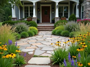 Prairie Style Front Patio - A naturalistic front patio with flagstone pavers, surrounded by native grasses, black-eyed susans, and coneflowers, creating a prairie-inspired landscape