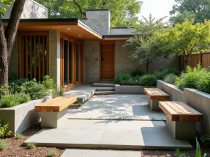 Prairie Style Ranch Entry - Frank Lloyd Wright inspired front patio with geometric concrete planters, built-in wood benches, and native prairie plants creating natural screens