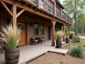 Ranch House Rustic Patio - A western ranch-style front patio with weathered wood decking, rope railings, wagon wheel decor, and native grasses in whiskey barrel planters