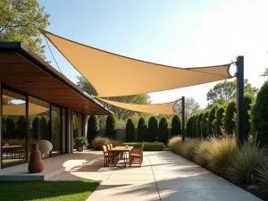 Retractable Shade Sail Design - Modern front patio with triangular cream-colored shade sails on steel posts. Contemporary outdoor furniture and tall ornamental grasses for privacy