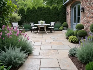 Rustic Exposed Aggregate Patio - A charming exposed aggregate concrete patio with vintage metal furniture and cottage garden borders filled with salvias and russian sage, photorealistic style