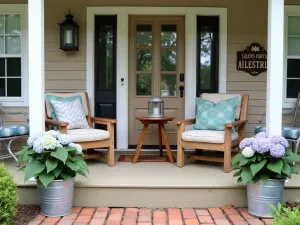 Rustic Farmhouse Front Patio - A welcoming farmhouse-style front patio with reclaimed wood furniture, galvanized metal planters filled with hydrangeas, and vintage lanterns