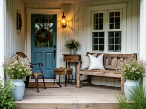 Rustic Farmhouse Gathering Space - Welcoming farmhouse front patio with reclaimed wood bench, vintage metal chairs, and mason jar planters filled with wildflowers, warm natural lighting