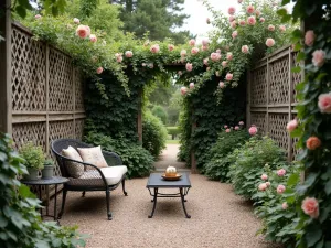 Rustic Lattice Privacy Screen - Weathered wooden lattice panels with climbing roses and clematis creating private front patio space. Vintage metal furniture and gravel flooring