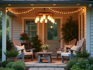 Rustic Mason Jar Chandelier - Farmhouse style front patio with DIY mason jar chandelier, vintage wooden furniture, string lights, cottage garden atmosphere