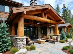 Rustic Mountain Entry - A mountain-style front patio with heavy timber shade structure, natural stone flooring, and rustic furniture, surrounded by native evergreen plants