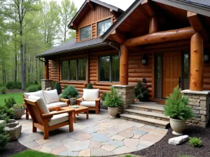 Rustic Mountain Front Patio - A cozy mountain-style front patio with flagstone pavers, rustic log furniture, and native evergreen plantings in natural stone planters