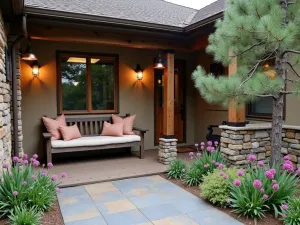 Rustic Mountain Retreat Patio - Cozy small front patio with natural slate flooring, rustic wooden bench, copper lanterns, and native mountain plants including columbines and pine trees